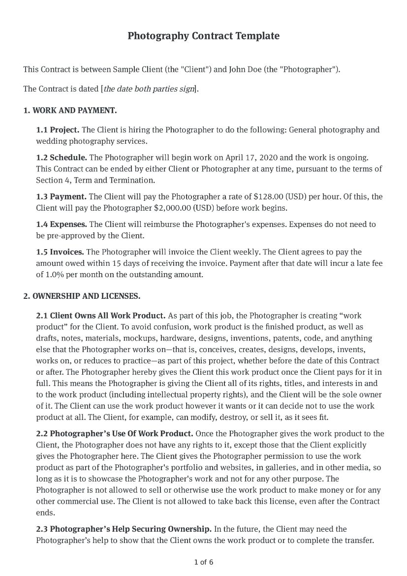 Photography Contract Template Photography Agreement Bonsai